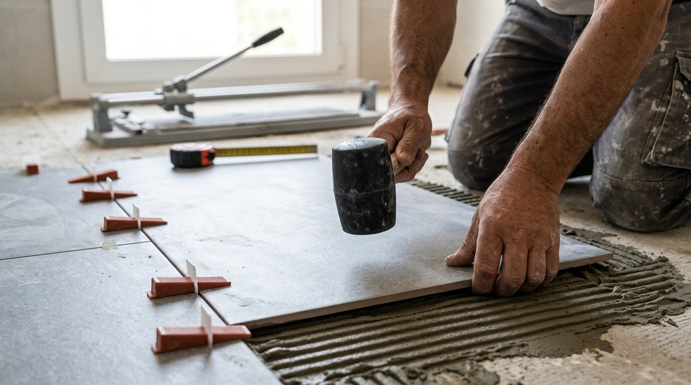 Colocación de baldosas de gran formato en el suelo de un baño en Sevilla