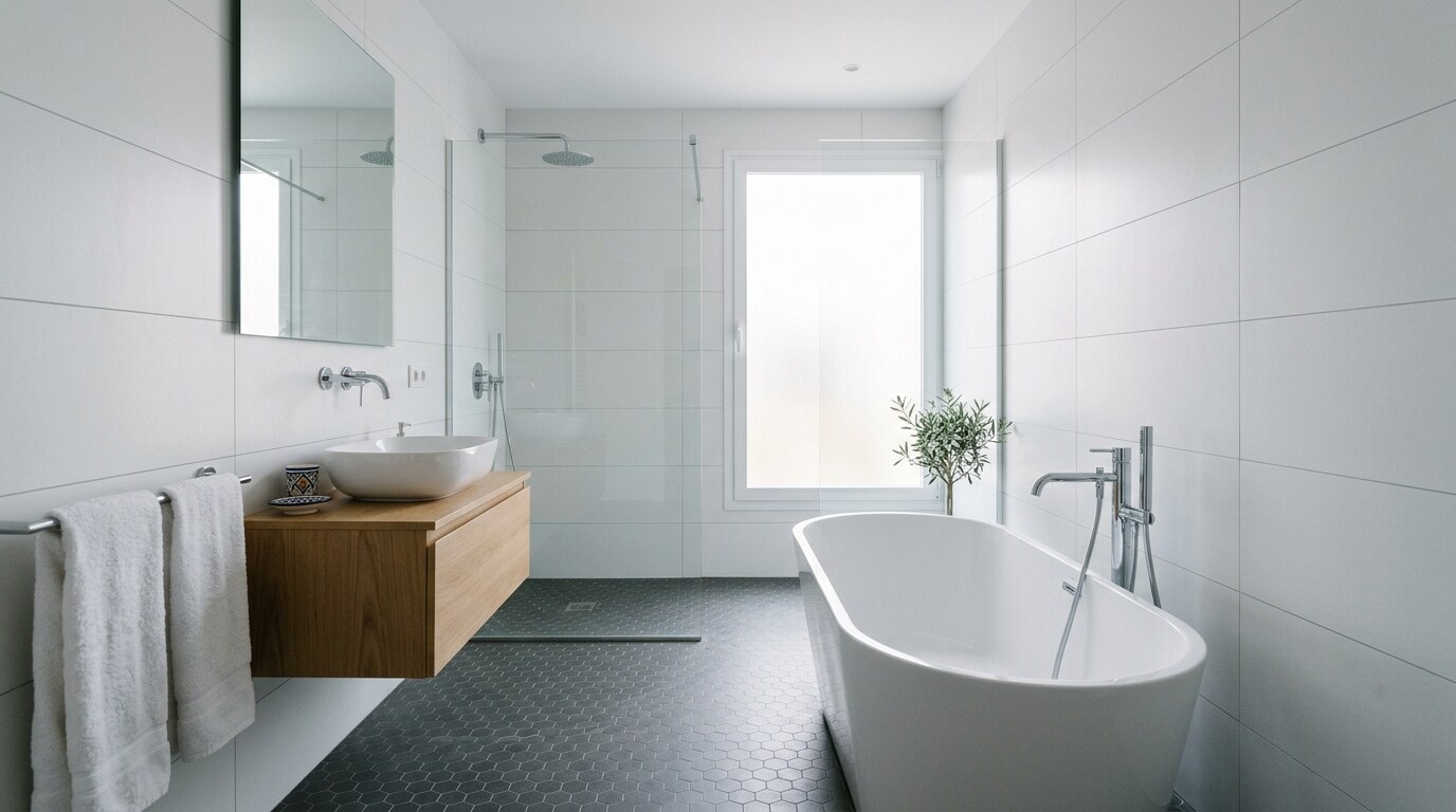 Baño reformado con azulejo blanco de gran formato y suelo de mosaico hexagonal