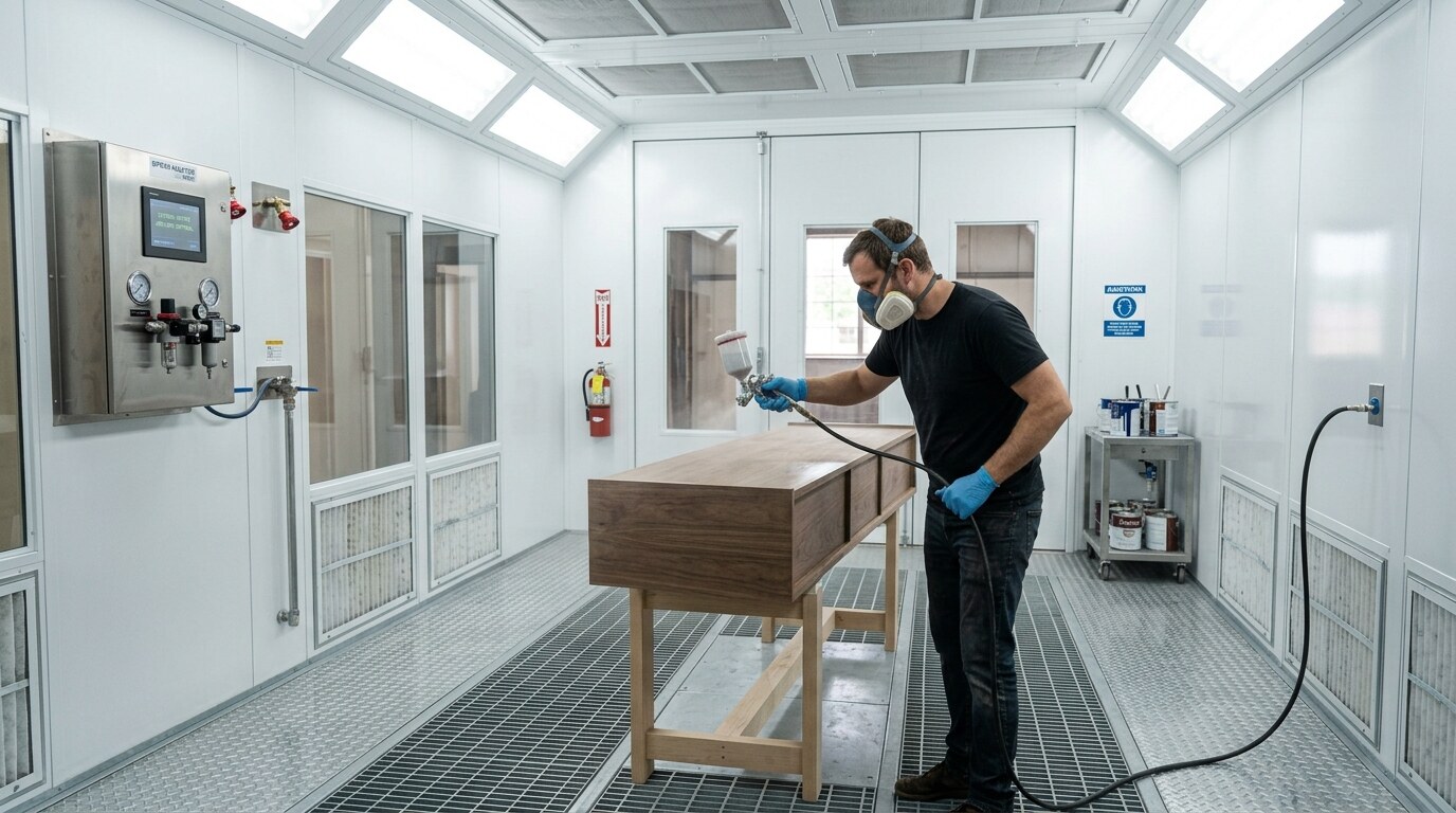 Aplicación de laca con pistola de spray en un mueble de madera en el taller