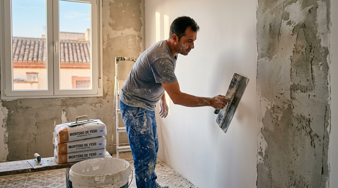 Aplicación de mortero de yeso para dejar la pared lista para pintar
