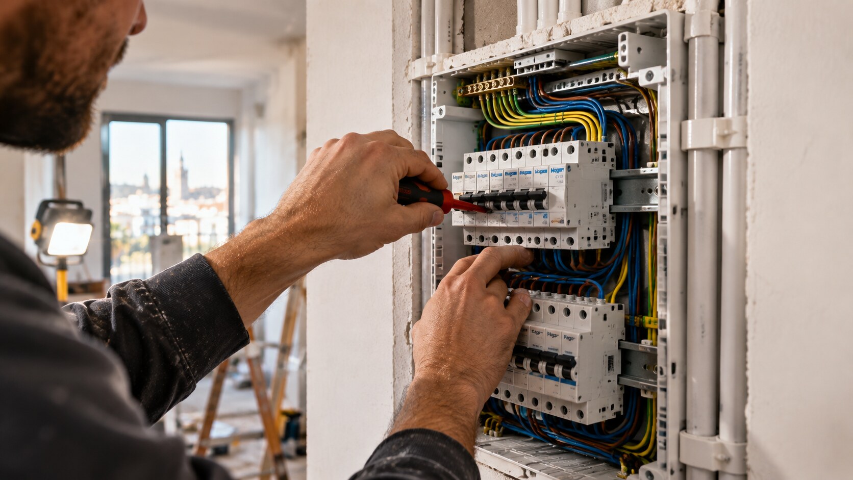 Electricista instalando y cableando un cuadro eléctrico con automáticos en una vivienda de Sevilla