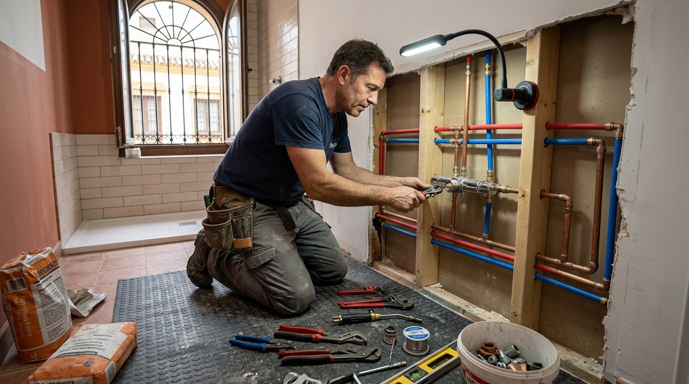Fontanero instalando tuberías de cobre y PEX en la pared antes de alicatar