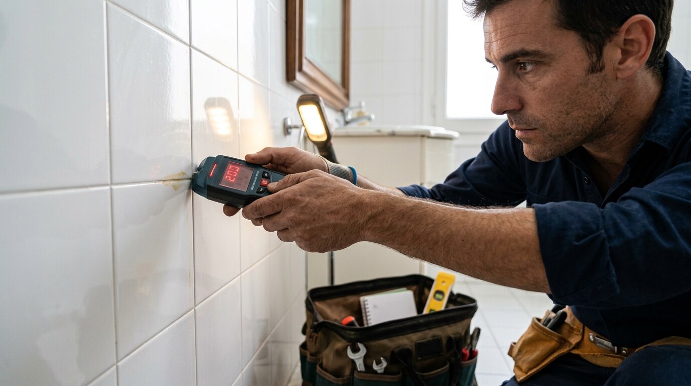 Detección de humedad en un alicatado de baño con equipo de diagnóstico