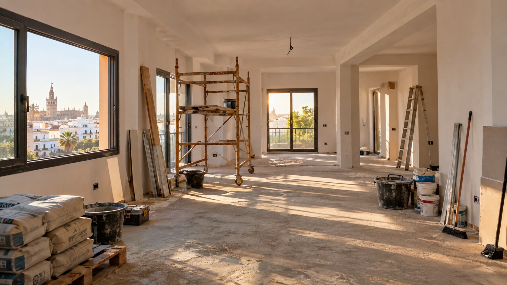 Reforma integral de vivienda en Sevilla, obra en curso con andamio y vistas a la Giralda