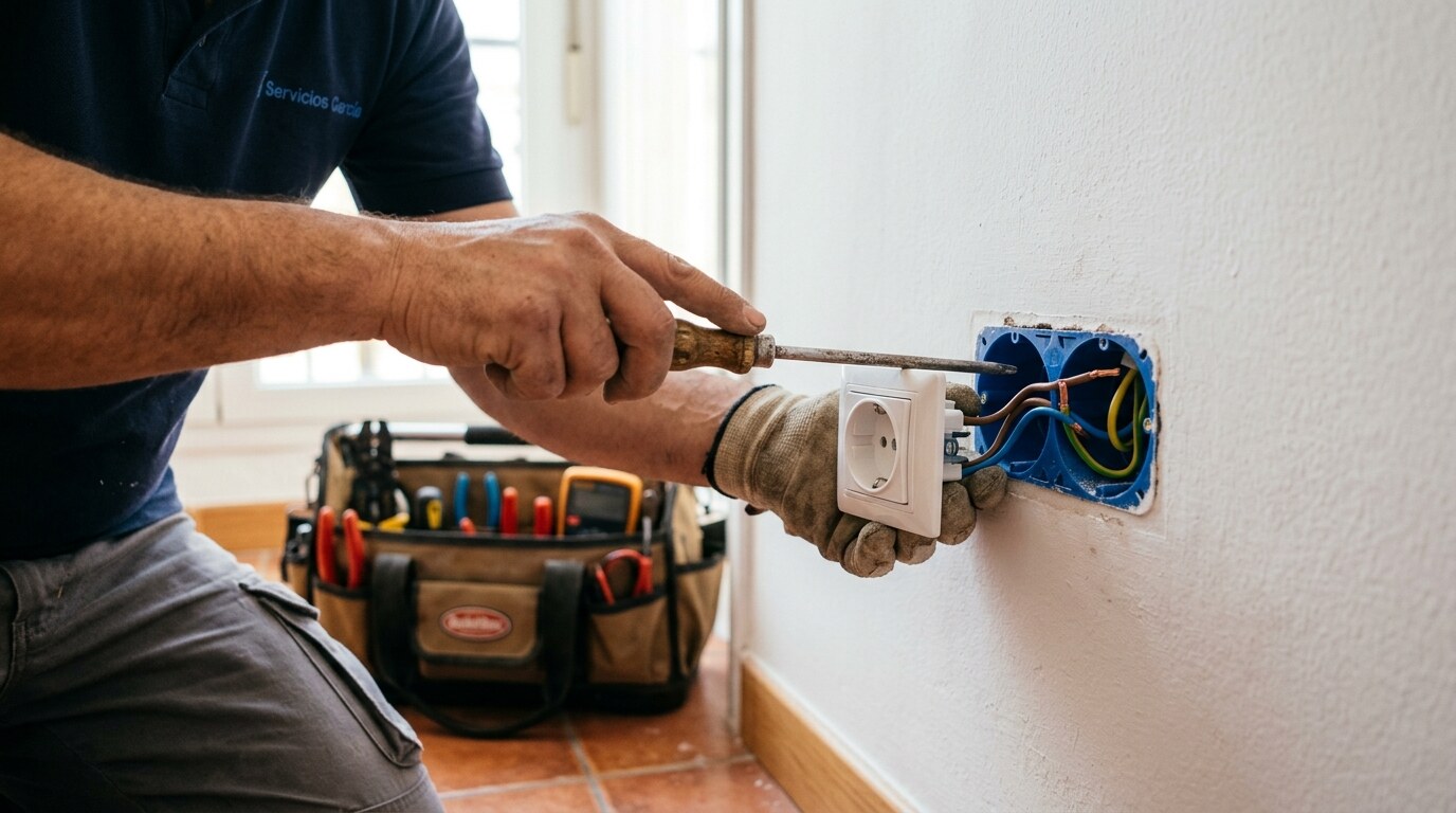 Manitas instalando un enchufe eléctrico nuevo en la pared de una vivienda