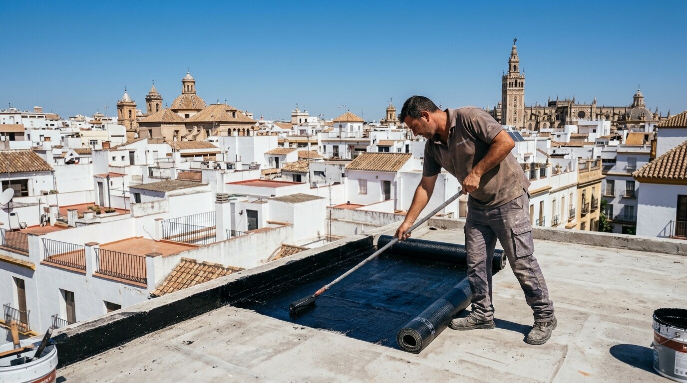 Aplicación de lámina impermeabilizante en una terraza con vistas a Sevilla