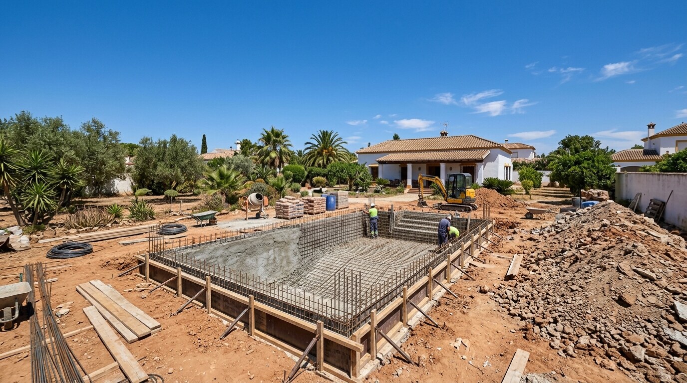 Construcción de piscina a medida en un jardín de Sevilla
