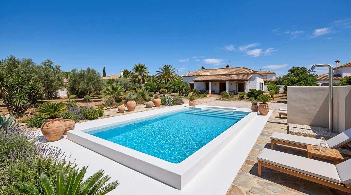 Piscina terminada con jardín mediterráneo y ducha exterior
