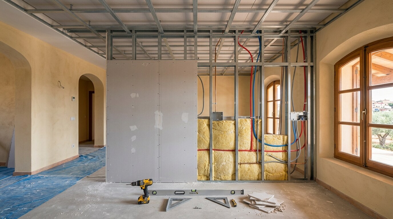 Estructura de perfilería metálica y placas de pladur con aislante instalada en una vivienda de Sevilla