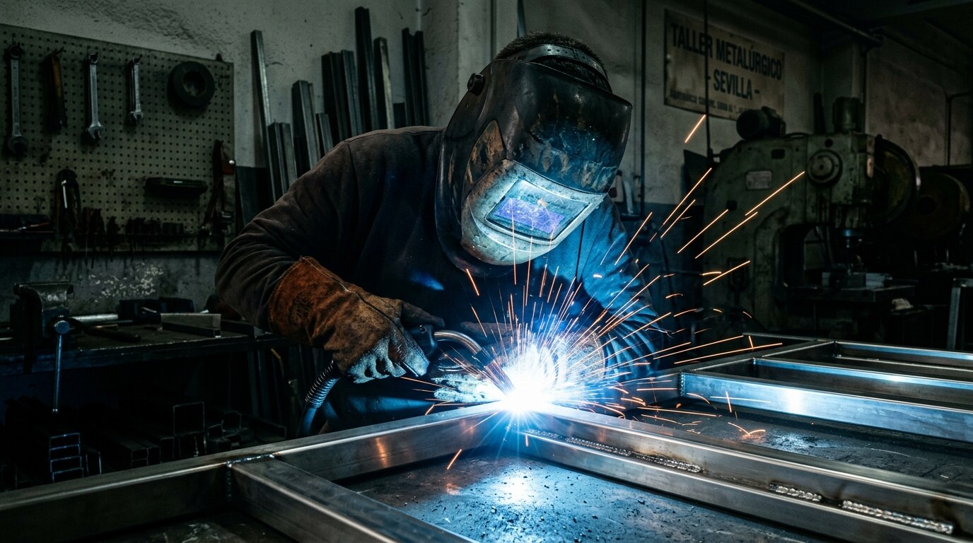 Soldador trabajando con TIG en una estructura metálica, con chispas saltando en el taller